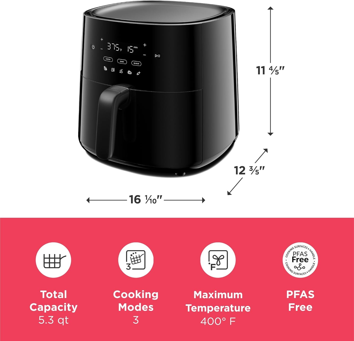 image:imageFrigidaire 3in1 Air Fryer Large 53 QT Capacity Digital Display 3 Cooking Modes 5 Recipe Presets Automatic Shake Reminder PFASFree Cooking Surfaces Black31 Air Fryer