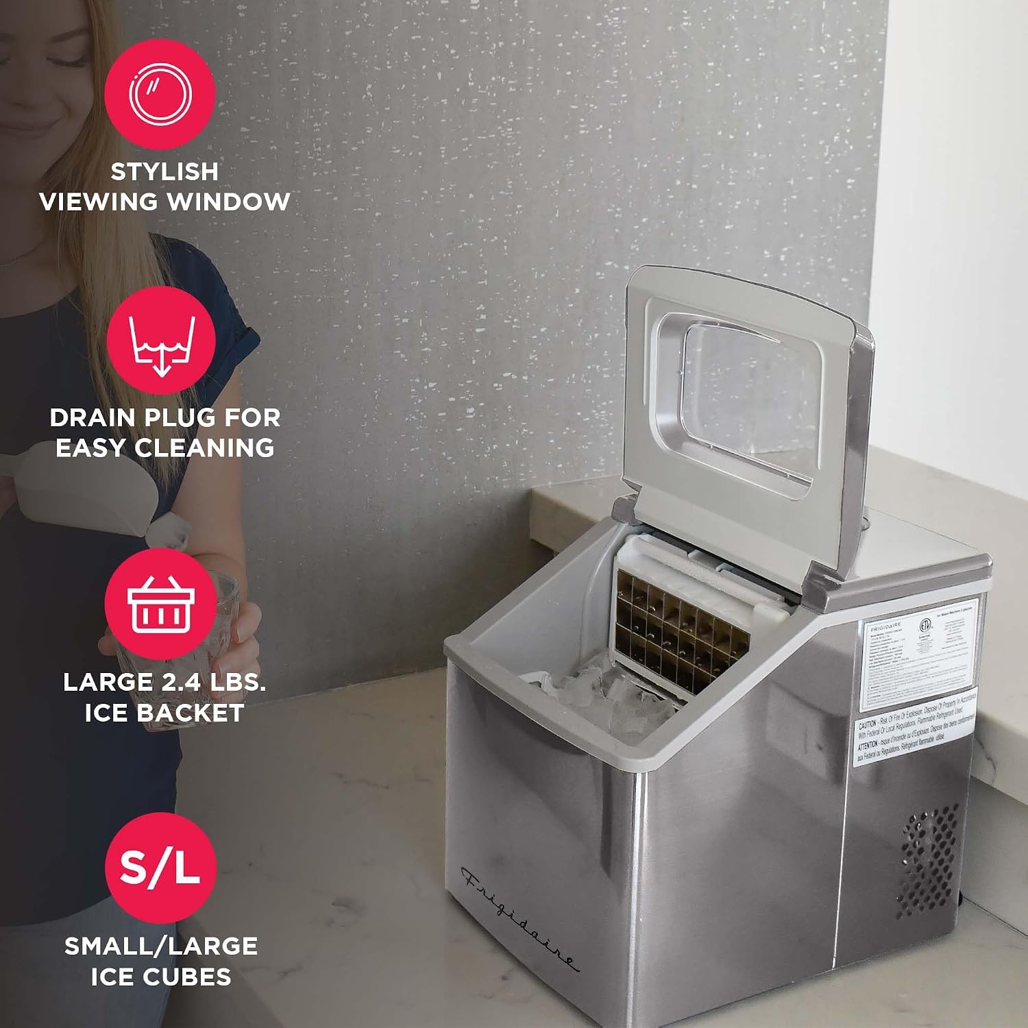 image:imageFrigidaire Ice Maker EFIC452 Countertop Stainless Steel Ice Maker with Transparent Window Clear Ice Cube Maker with 40 lbs Capacity Ice Maker Machine 148 D x 11 W x 141 H Blackstainless