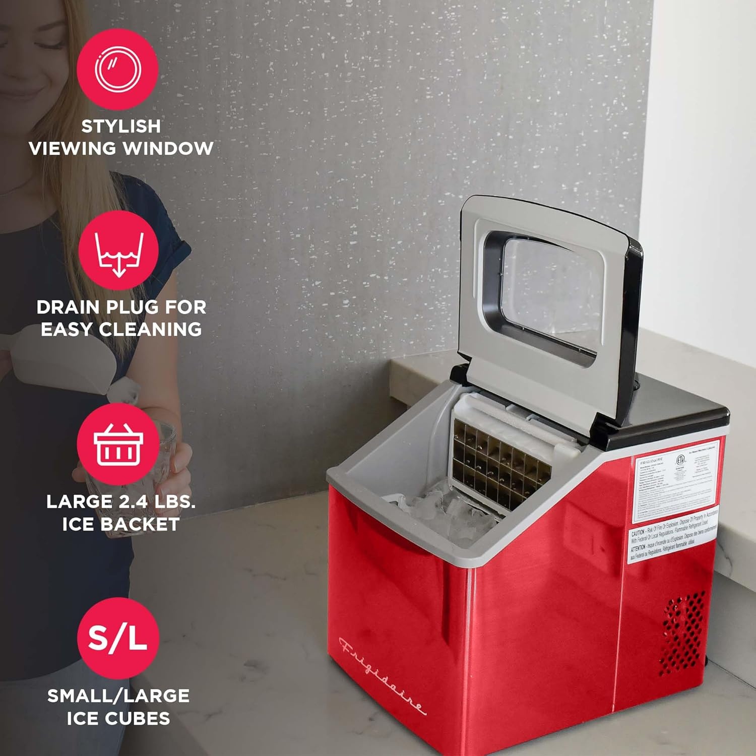 image:imageFrigidaire Ice Maker EFIC452 Countertop Stainless Steel Ice Maker with Transparent Window Clear Ice Cube Maker with 40 lbs Capacity Ice Maker Machine 148 D x 11 W x 141 H Blackred stainless