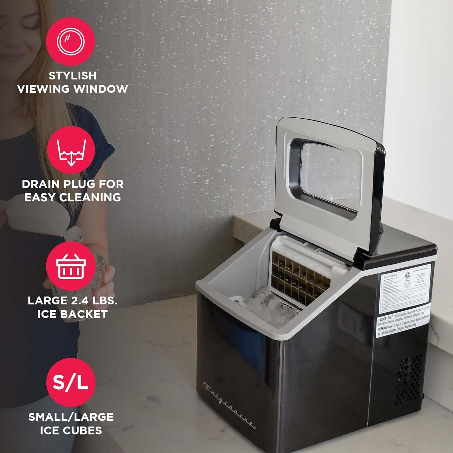 image:imageFrigidaire Ice Maker EFIC452 Countertop Stainless Steel Ice Maker with Transparent Window Clear Ice Cube Maker with 40 lbs Capacity Ice Maker Machine 148 D x 11 W x 141 H Blackblack stainless