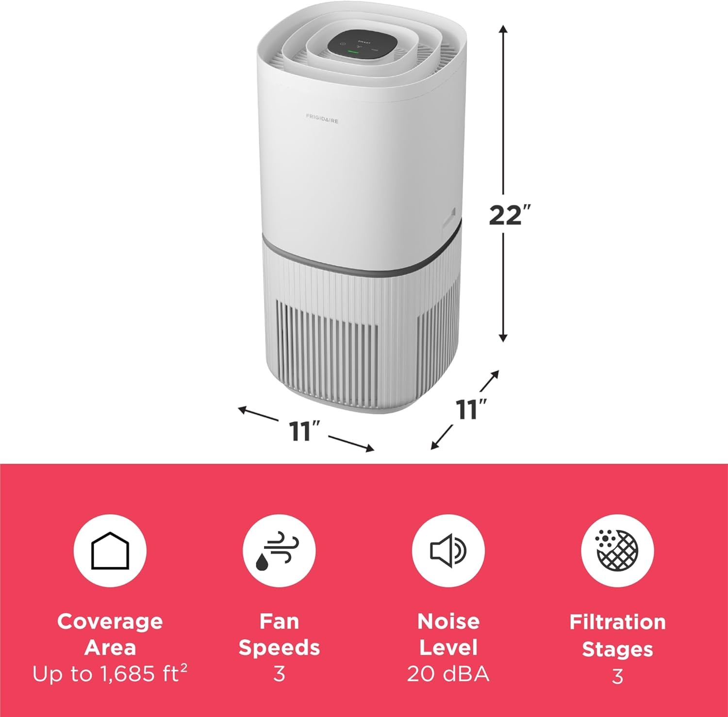 image:imageFrigidaire PureA300 HEPA Air Purifier with WiFi for Small Bedrooms Covers up to 850 Sq Ft 3Stage Filtration Energy Star Certification Air Quality Monitoring Smart Mode Ultra Quiet White1685 Square Feet Wifi