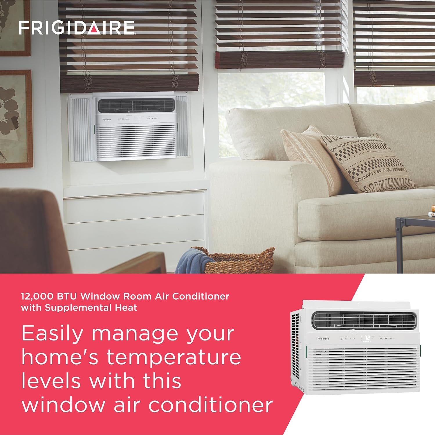 image:imageFrigidaire 12000 BTU Window Air Conditioner with Supplemental Heat Cools amp Heats Up to 550 Sq Ft Remote Control Quiet Operation Eco Mode 3 Fan Speeds White12 000 BTU