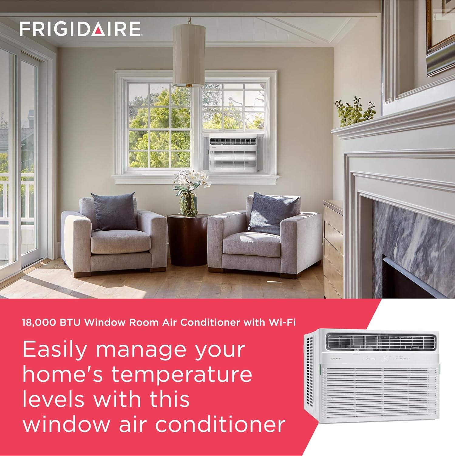 image:imageFrigidaire 18000 BTU Smart Window Air Conditioner with WiFi Cools Up to 1020 Sq Ft Remote Control Quiet Operation Eco Mode 3 Fan Speeds White