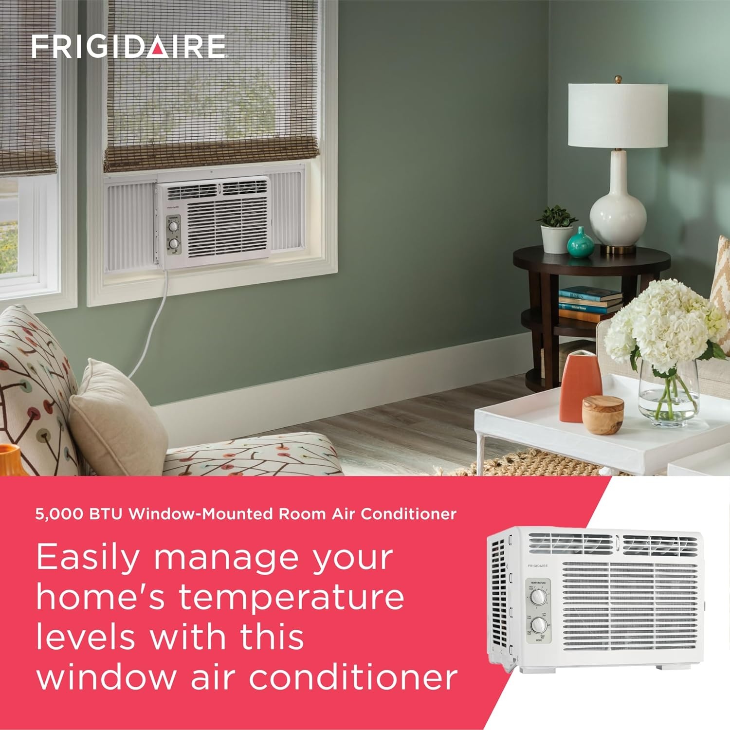 image:imageFrigidaire 6000 BTU Window Air Conditioner with Remote Control Cools Up to 250 Sq Ft Quiet Operation Eco Mode 3 Fan Speeds Auto Restart White5 000 BTU Mechanical Controls