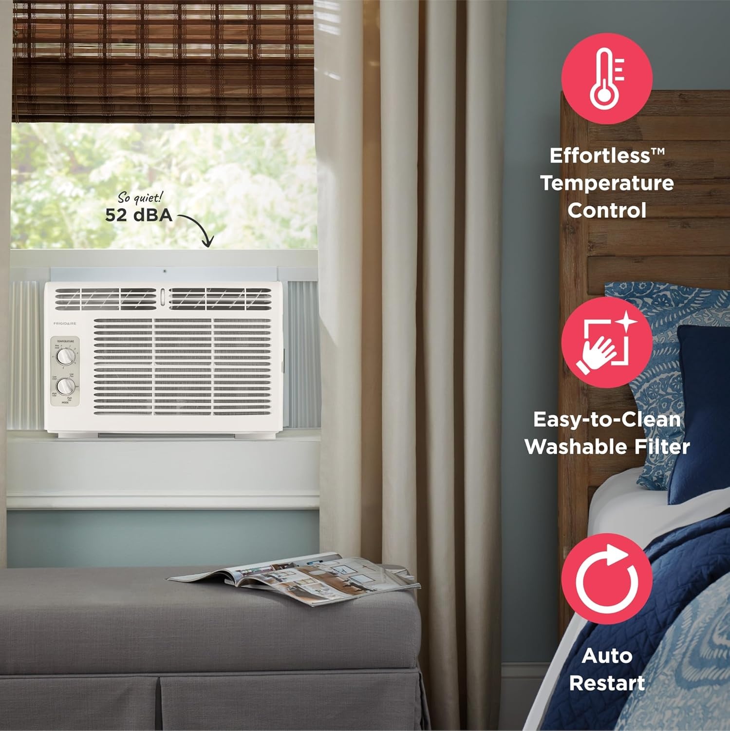 image:imageFrigidaire 6000 BTU Window Air Conditioner with Remote Control Cools Up to 250 Sq Ft Quiet Operation Eco Mode 3 Fan Speeds Auto Restart White5 000 BTU Mechanical Controls