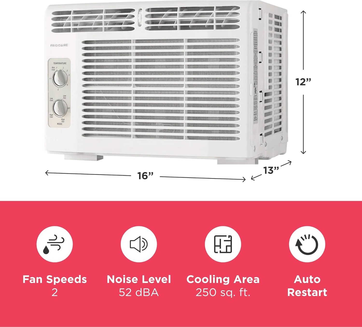 image:imageFrigidaire 6000 BTU Window Air Conditioner with Remote Control Cools Up to 250 Sq Ft Quiet Operation Eco Mode 3 Fan Speeds Auto Restart White5 000 BTU Mechanical Controls