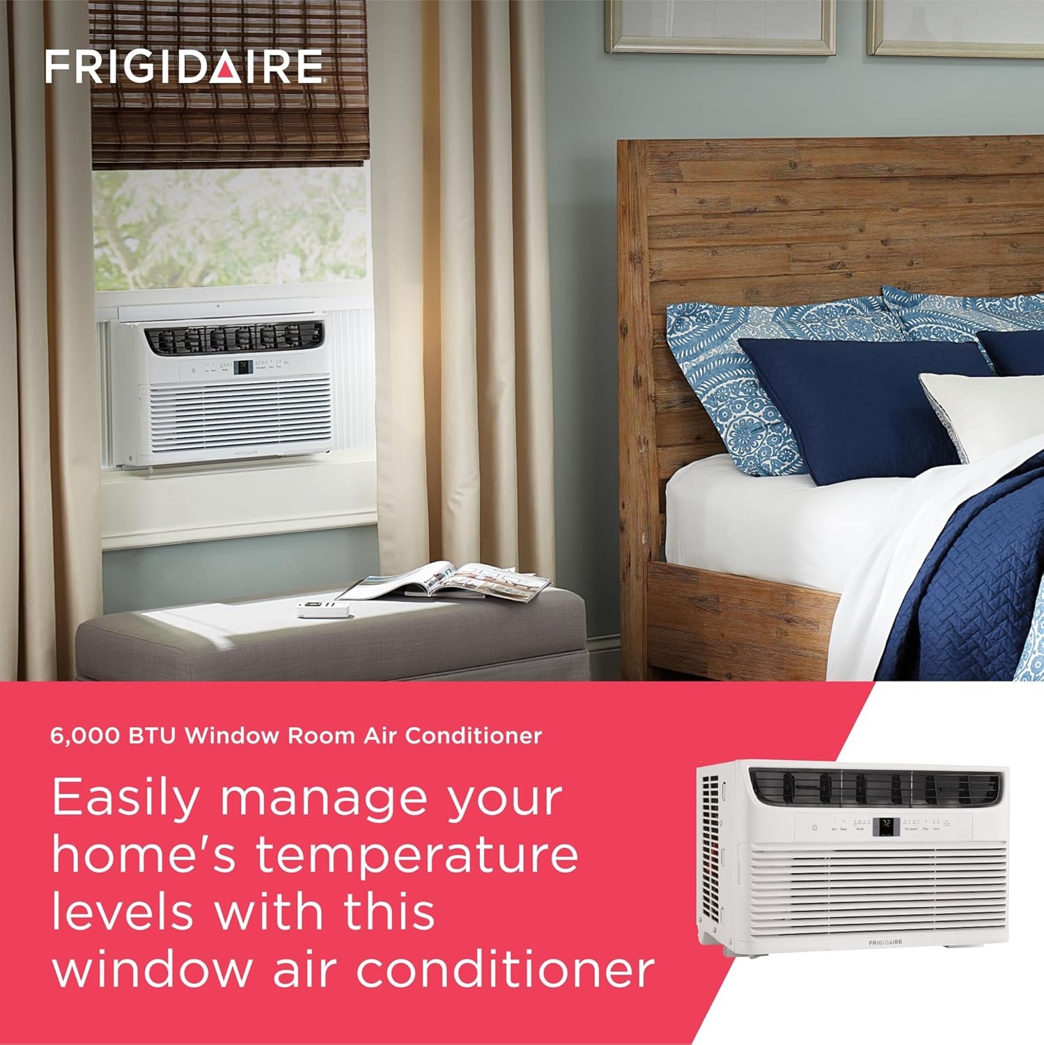 image:imageFrigidaire 6000 BTU Window Air Conditioner with Remote Control Cools Up to 250 Sq Ft Quiet Operation Eco Mode 3 Fan Speeds Auto Restart White6 000 BTU Electronic Controls