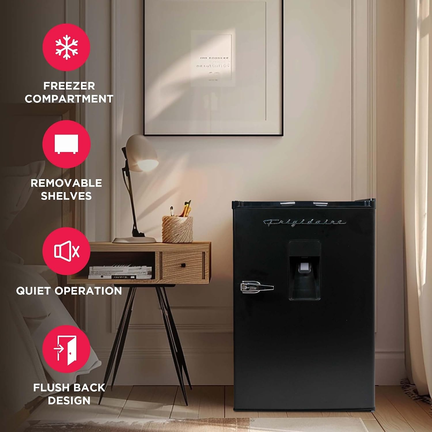 image:imageFrigidaire EFR494BLACK Retro Compact Mini Fridge with Freezer Compartment Chrome Handles 44 Cu Ft Builtin Water Dispenser Black