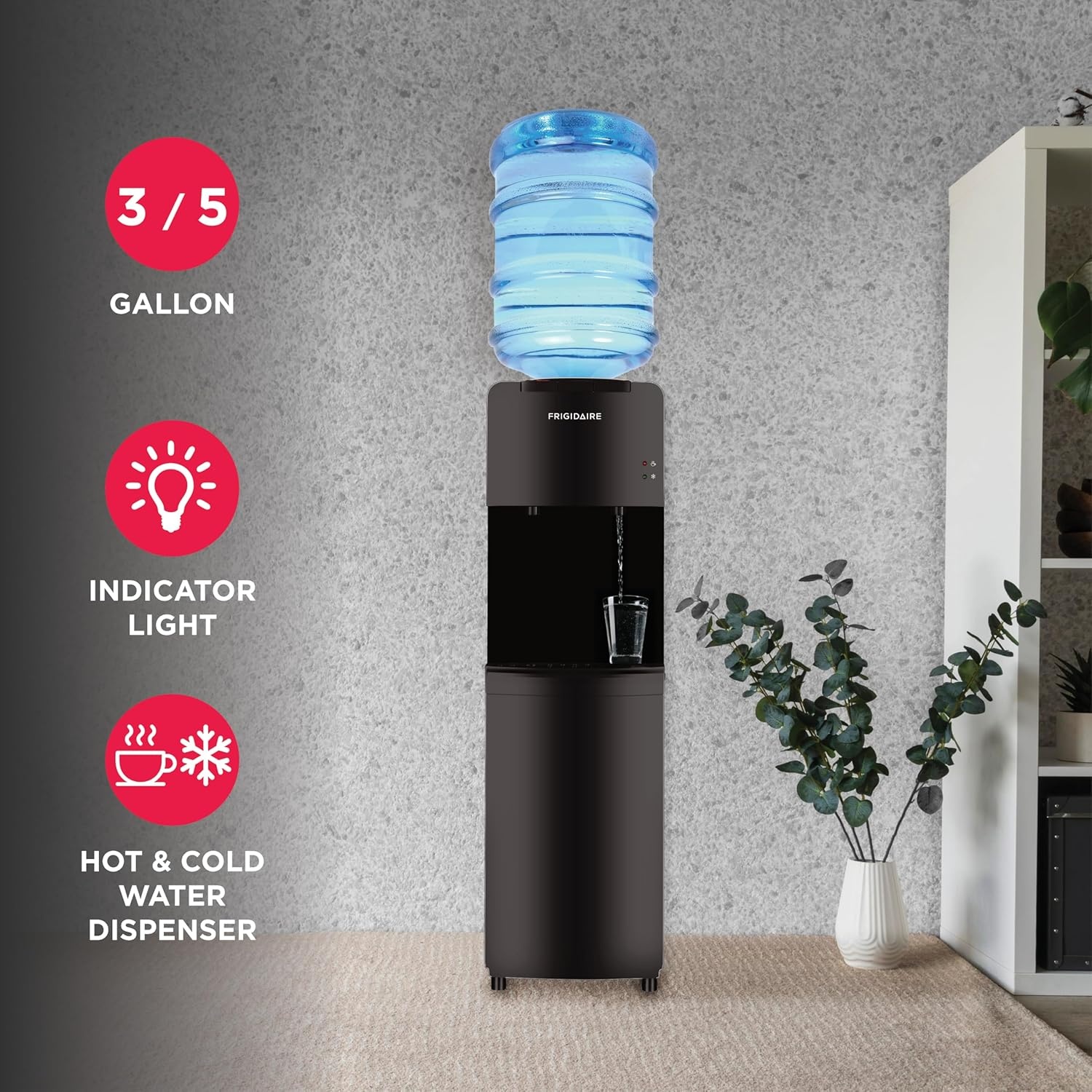 image:imageFrigidaire EFWC498 Top Loading Cooler Dispenser Hot amp Cold Water Child Safety Lock Innovative Slim amp Sleek Design Holds 3 or 5 Gallon Bottles BlackBlack