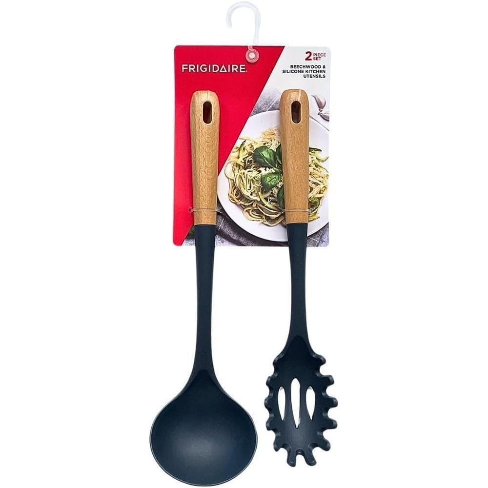 image:imageFrigidaire 2PC Beechwood Silicone Utensil Set Large Soup Ladle Large Pasta Fork HeatResistant Kitchen Cooking Utensils with Wooden Handle LIGHT TAUPENavy