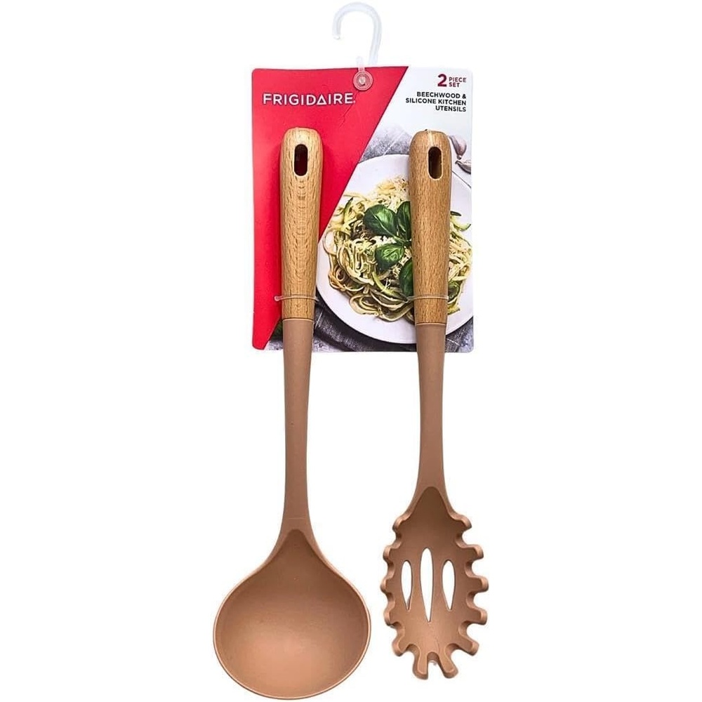 image:imageFrigidaire 2PC Beechwood Silicone Utensil Set Large Soup Ladle Large Pasta Fork HeatResistant Kitchen Cooking Utensils with Wooden Handle LIGHT TAUPERose