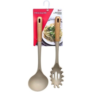 Frigidaire 2PC Beechwood Silicone Utensil Set, Large Soup Ladle, Large Pasta Fork, Heat-Resistant, Kitchen Cooking Utensils with Wooden Handle (LIGHT TAUPE)(LIGHT TAUPE)