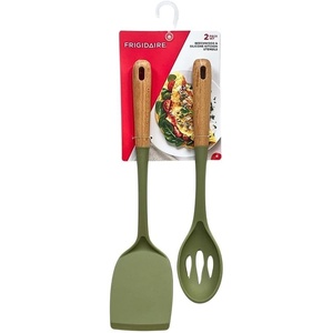 2PC Beechwood and Silicone Utensil Set, Large Turner, Large Slot Spoon, Kitchen Cooking Utensils with Beechwood Handle and Silicone Head (OLIVE)(Olive)